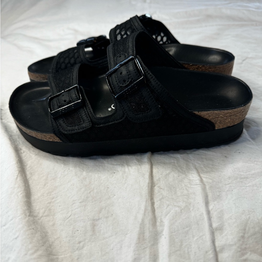 Black Women's Two-Strap Cork Footbed Slide Sandals